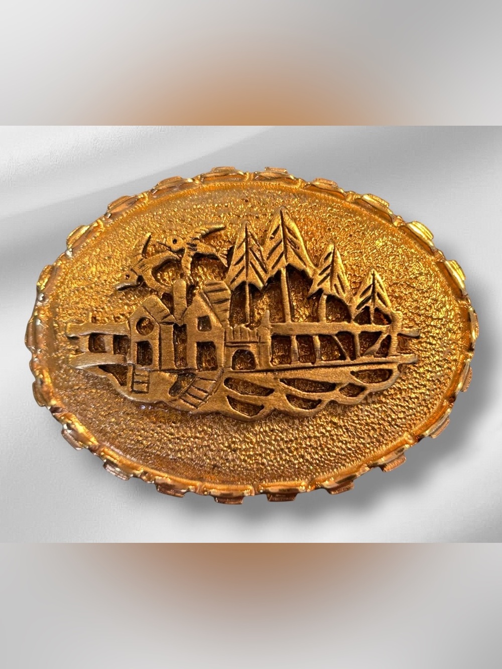 Vintage 1970s Textured Gold Tone Village Landscape Brooch Canadiana CountryCore